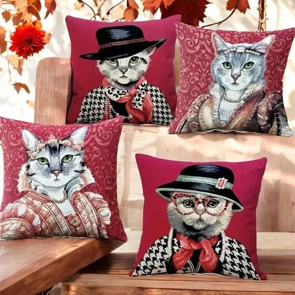 Set Of 4 Adorable Lady Cat Pattern‎ Throw Pillow Covers  17.7/45cm x 17.7/45cm - Picture 2 of 12